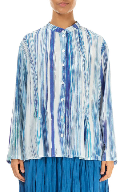 Pin-Tucked-Hemdbluse aus blauem Seiden-Bambus-Stoff mit Streifenmuster