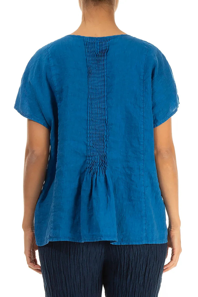 Pin-Tucked Cobalt Blue Linen Blouse 2