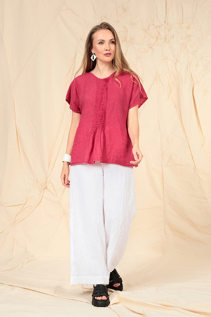 Pin-Tucked Raspberry Linen Blouse 6