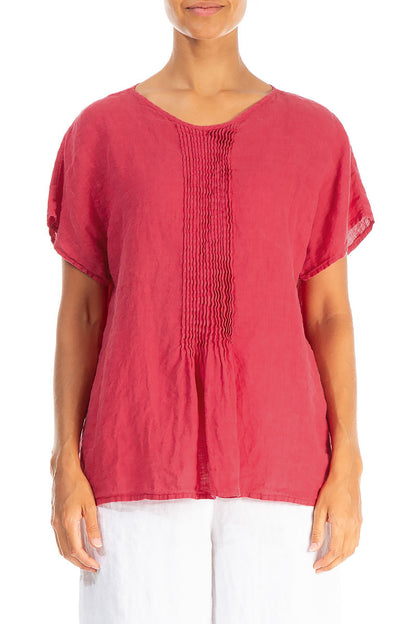 Pin-Tucked Raspberry Linen Blouse 1