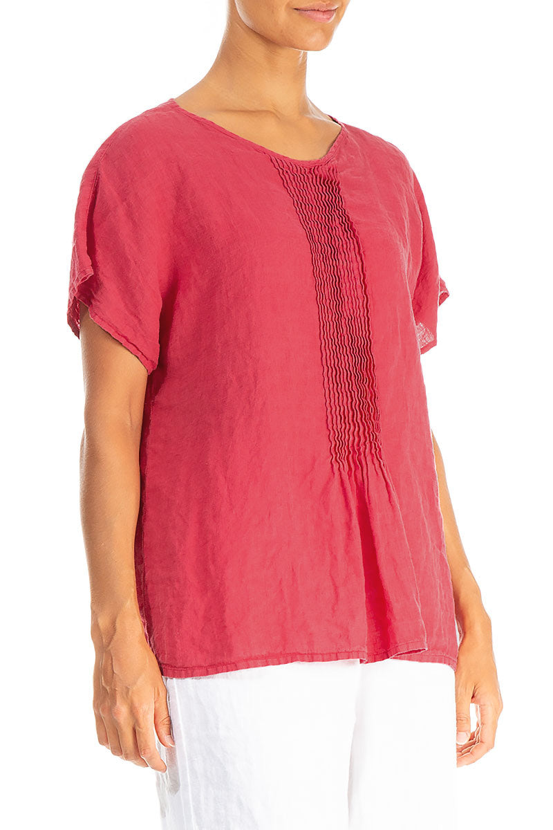 Pin-Tucked Raspberry Linen Blouse 3