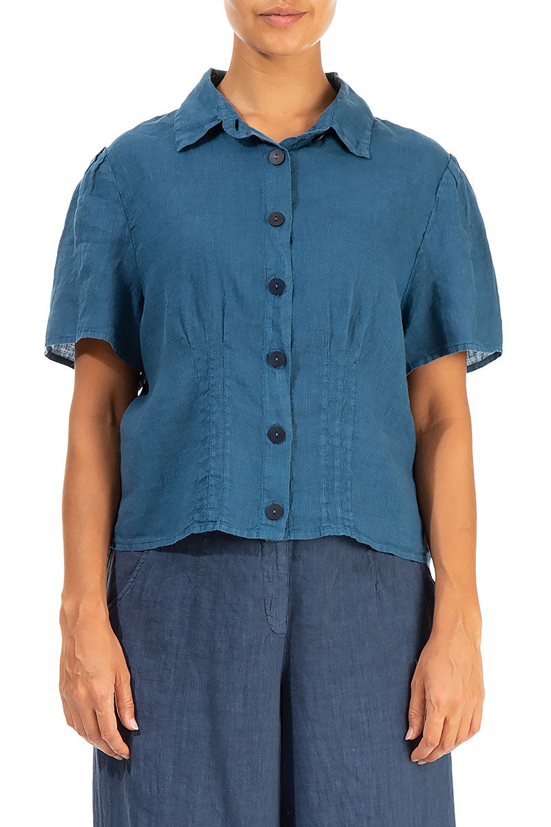 Pin Tucks Blue Linen Shirt
