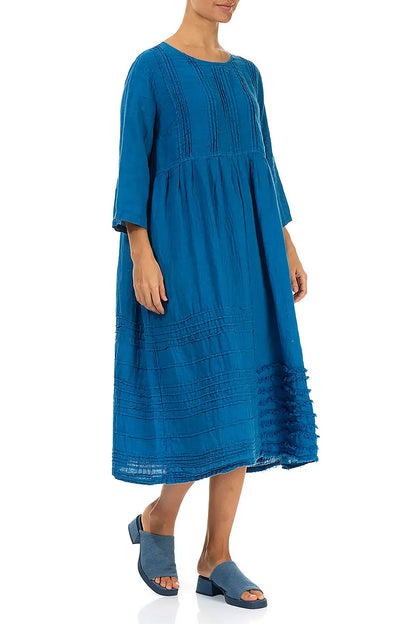 Pin Tucks Frayed Hem Cobalt Blue Linen Dress 3