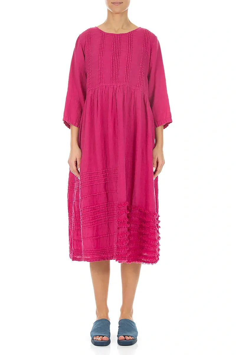 Pin Tucks Frayed Hem Fuchsia Linen Dress