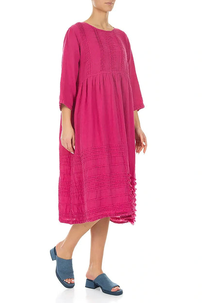 Pin Tucks Frayed Hem Fuchsia Linen Dress 3
