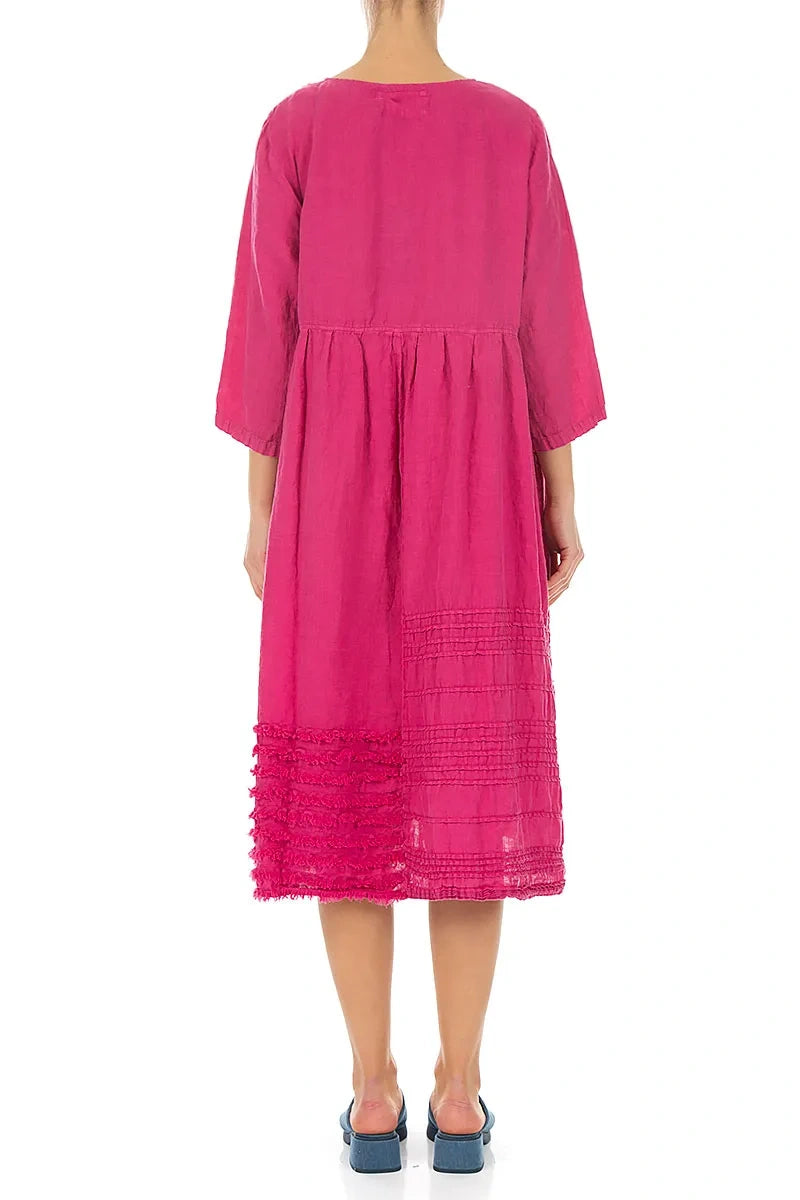 Pin Tucks Frayed Hem Fuchsia Linen Dress