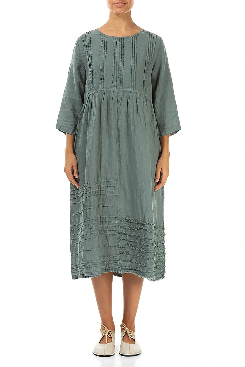 Pin Tucks Frayed Hem Sage Linen Dress