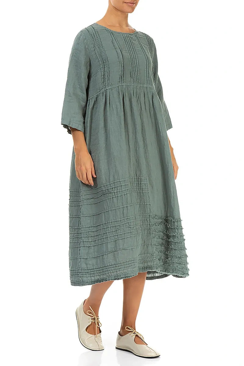 Pin Tucks Frayed Hem Sage Linen Dress