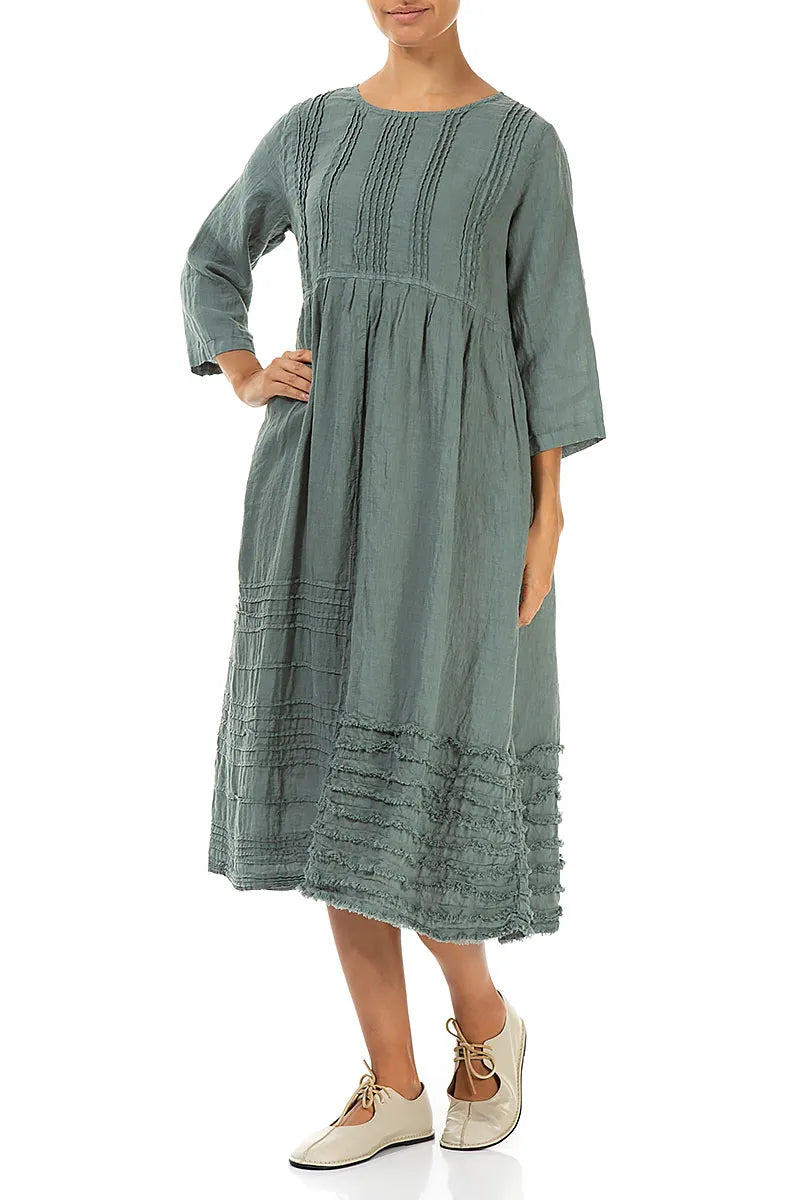 Pin Tucks Frayed Hem Sage Linen Dress