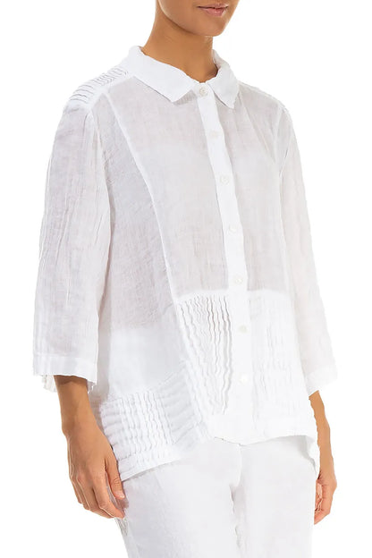 Pintuck Detail White Gauze Linen Shirt 4