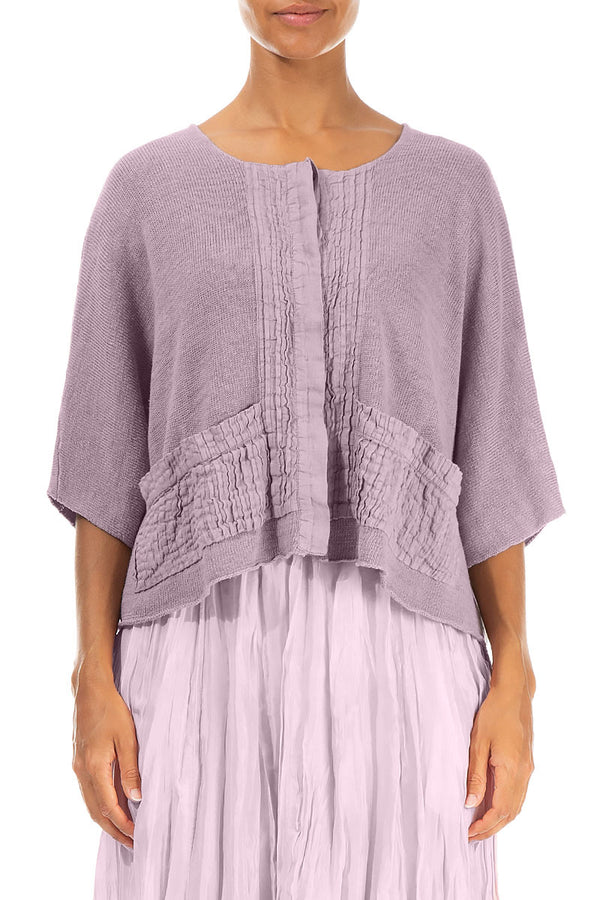 Fliederfarbene Leinenstrickjacke mit Biesen auf der Vorderseite