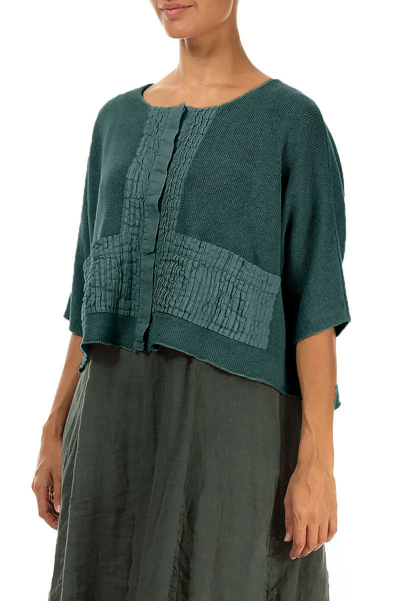 Pintuck Front Peacock Linen Cardigan 3