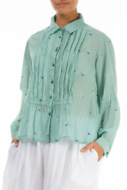 Pintucks Mint Embroidered Petals Cotton Shirt 3