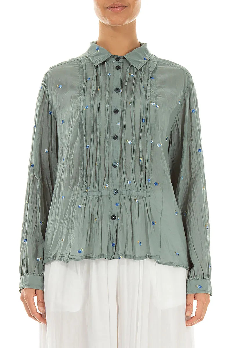 Chemise en coton Pintucks avec broderies florales sauge