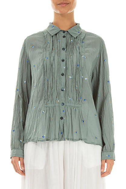 Chemise en coton Pintucks avec broderies florales sauge