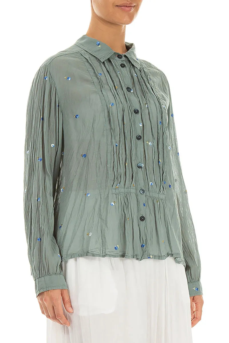 Chemise en coton Pintucks avec broderies florales sauge