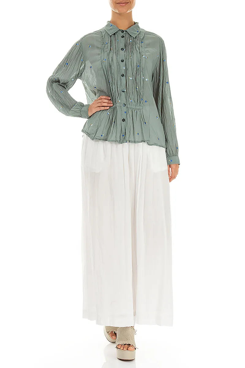 Chemise en coton Pintucks avec broderies florales sauge