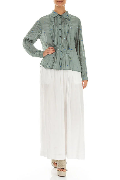 Chemise en coton Pintucks avec broderies florales sauge