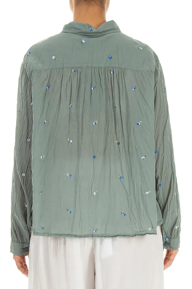 Chemise en coton Pintucks avec broderies florales sauge