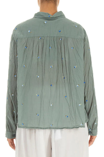 Chemise en coton Pintucks avec broderies florales sauge