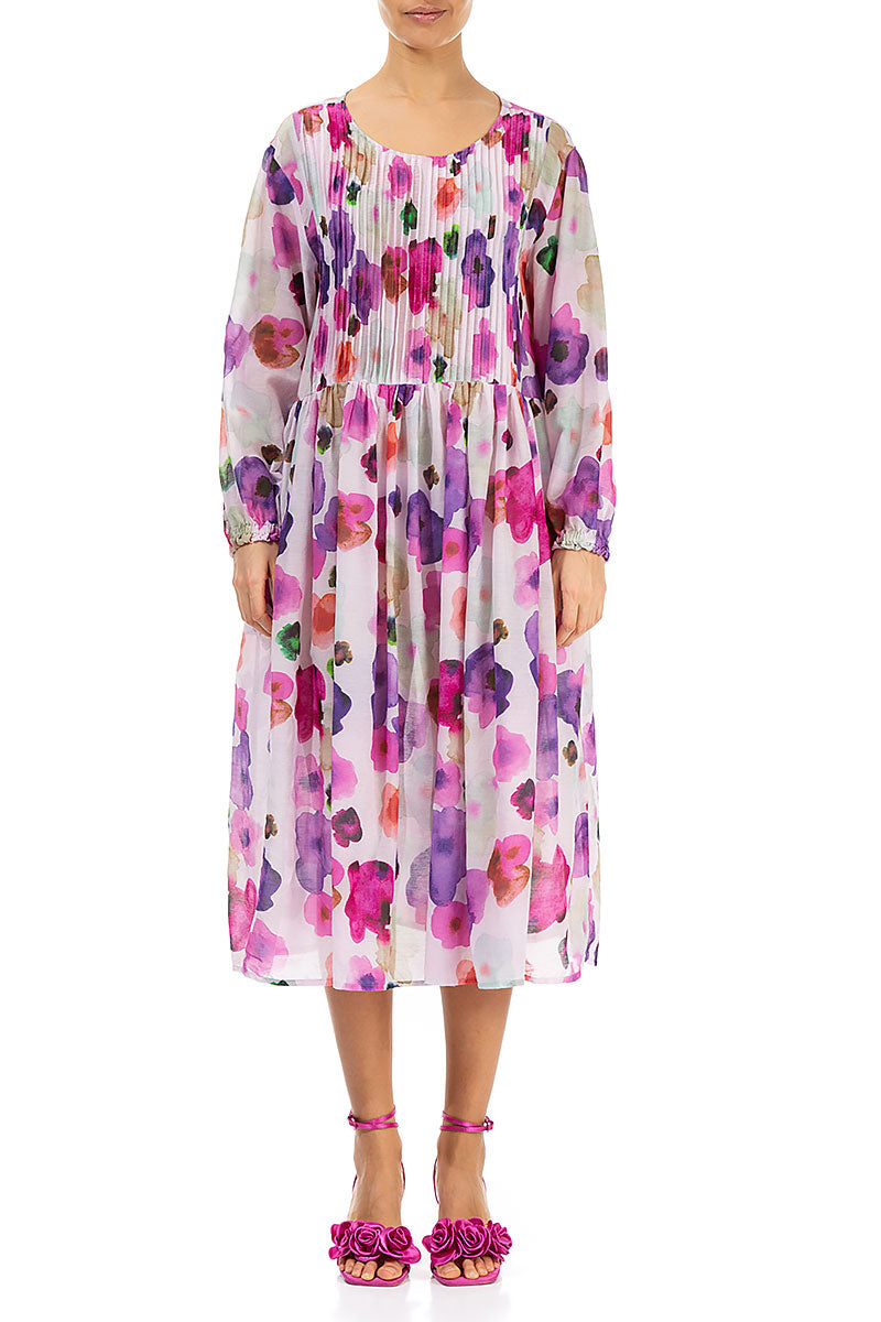 Pleated Blossom Silk Cotton Dress