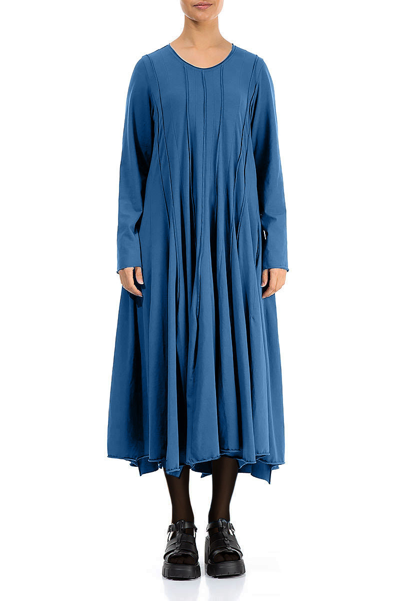 Pleated Flared Maxi Azure Cotton Dress