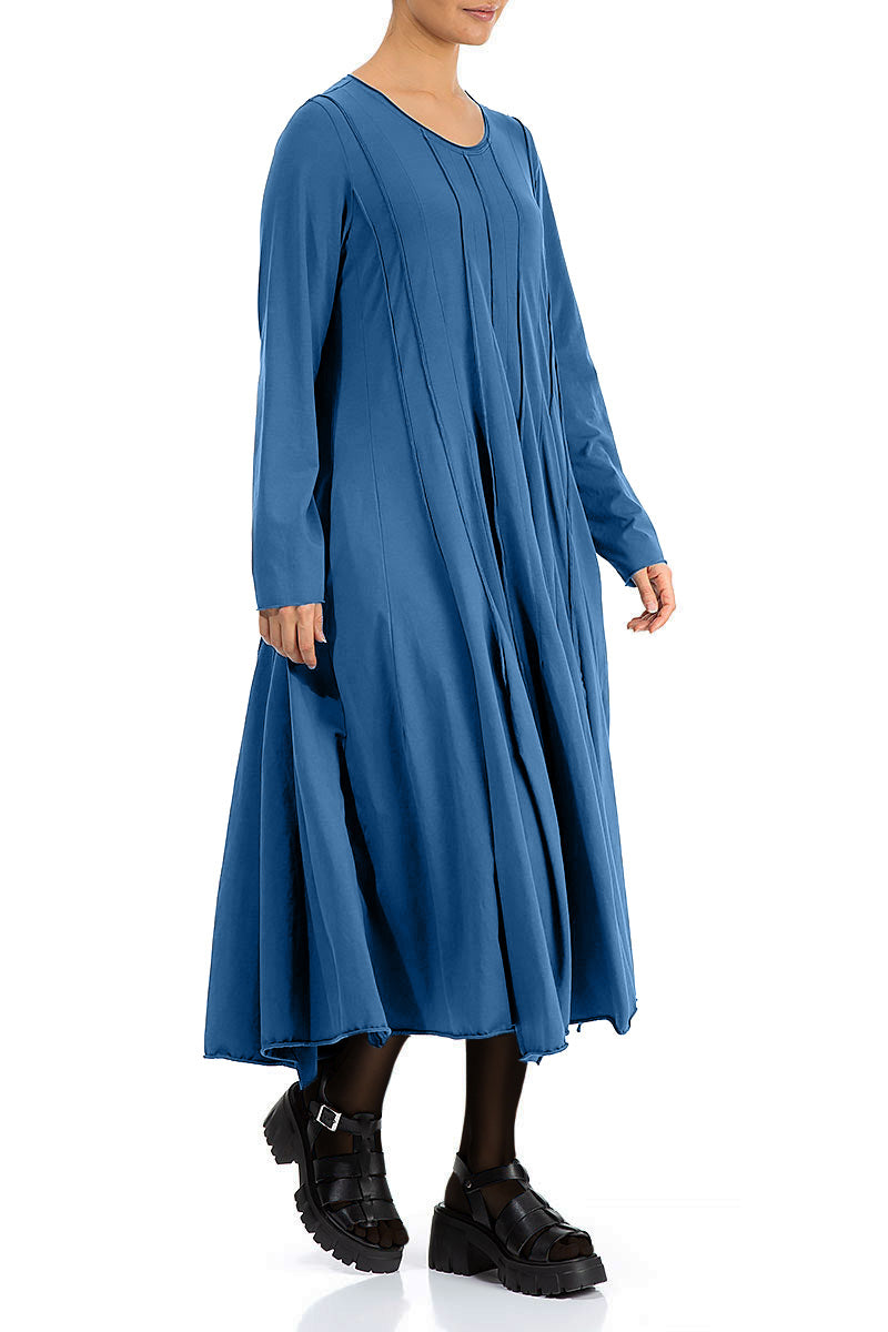 Pleated Flared Maxi Azure Cotton Dress