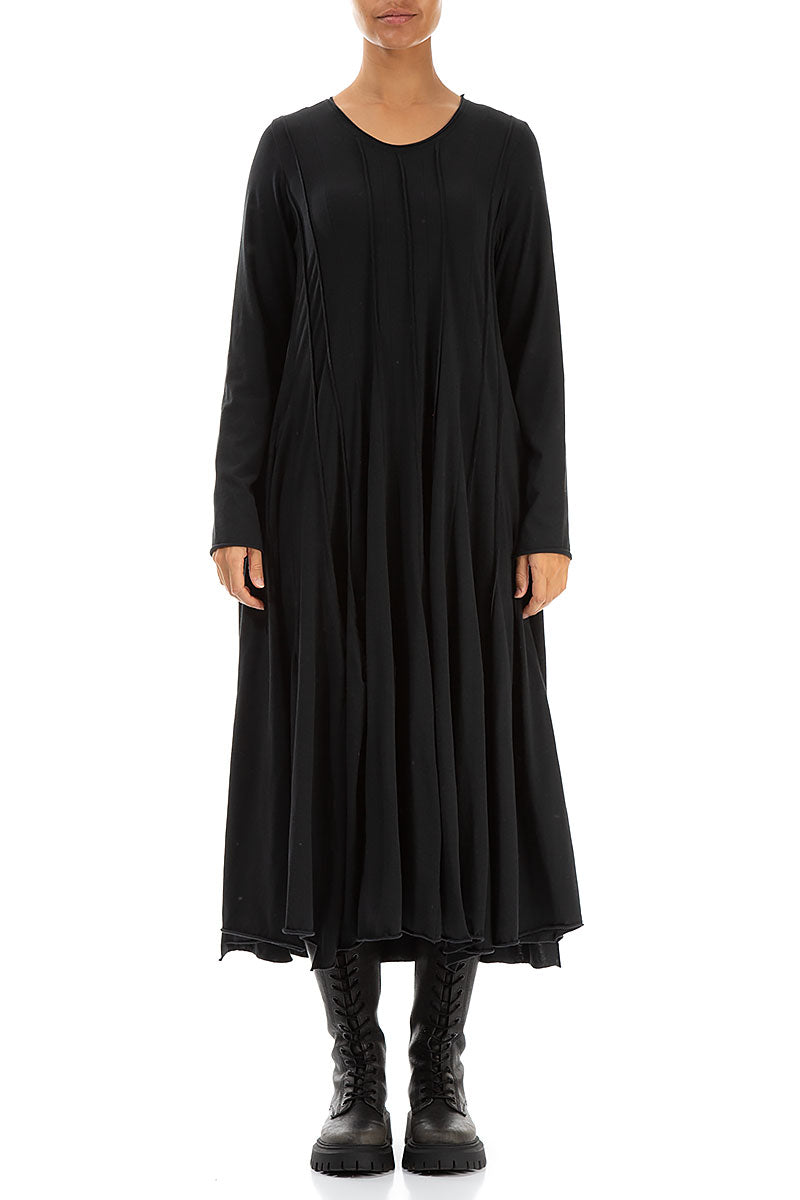 Pleated Flared Maxi Black Cotton Dress