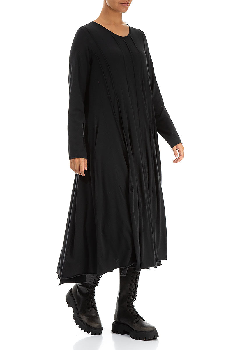 Pleated Flared Maxi Black Cotton Dress