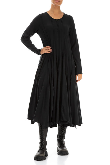 Pleated Flared Maxi Black Cotton Dress