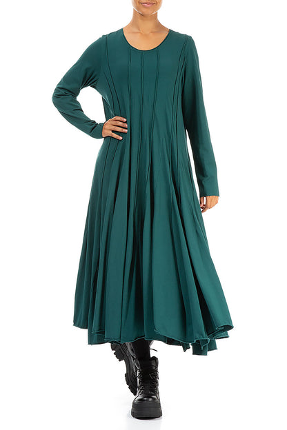 Pleated Flared Maxi Emerald Cotton Dress