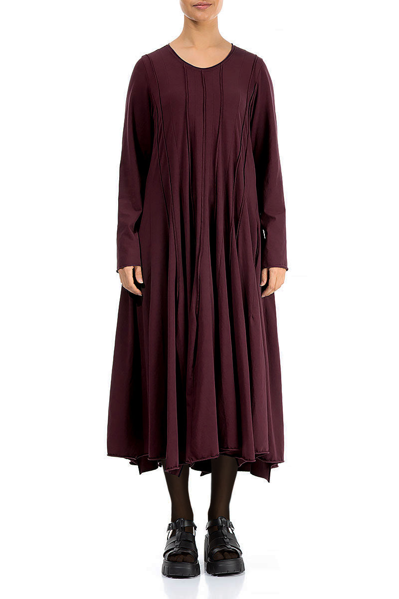 Pleated Flared Maxi Maroon Cotton Dress