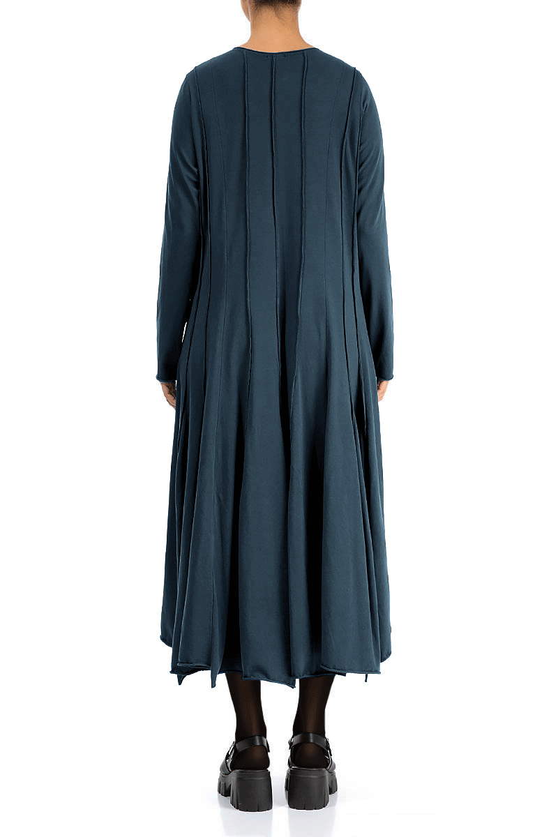 Pleated Flared Maxi Midnight Blue Cotton Dress