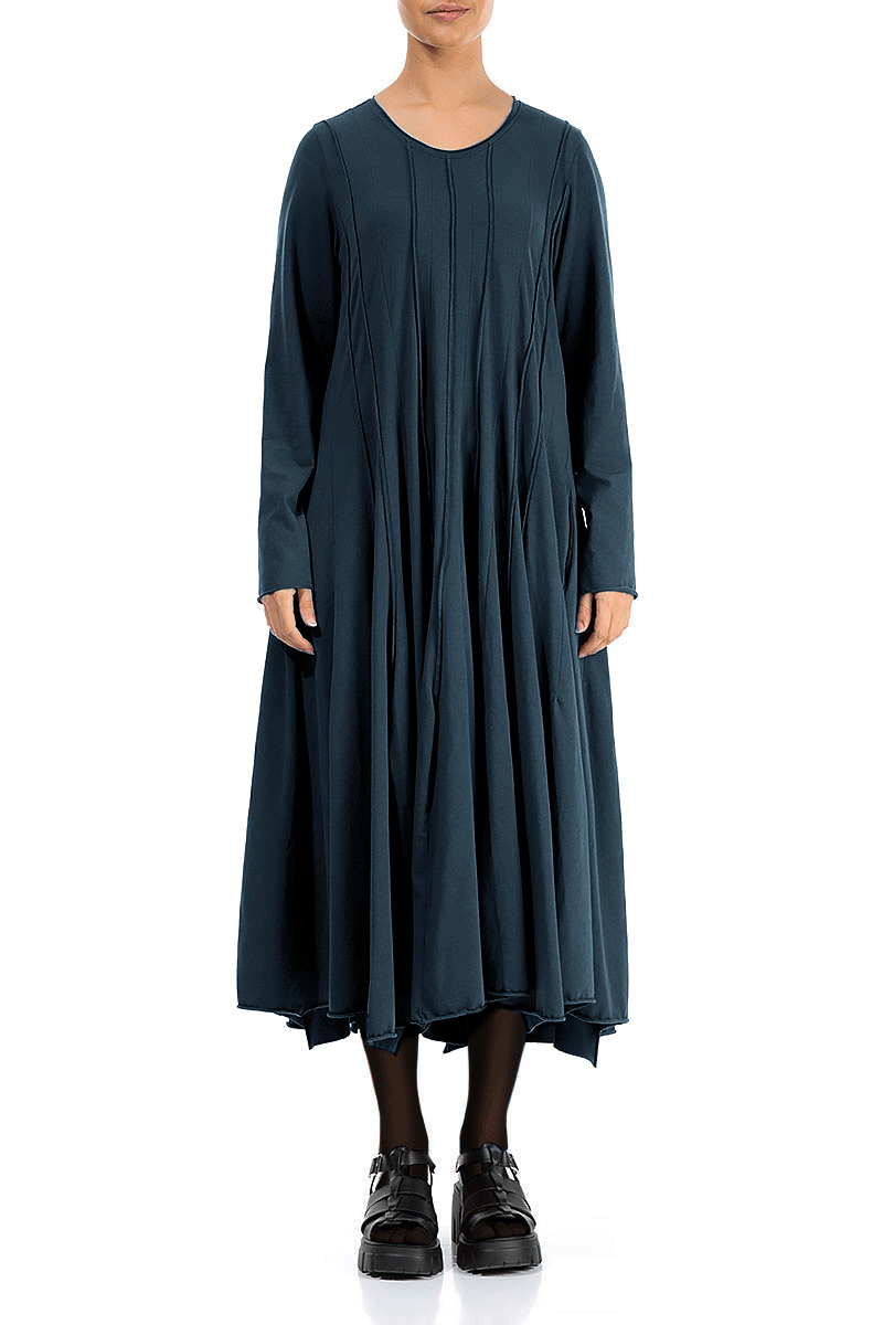 Pleated Flared Maxi Midnight Blue Cotton Dress