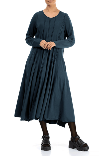 Pleated Flared Maxi Midnight Blue Cotton Dress