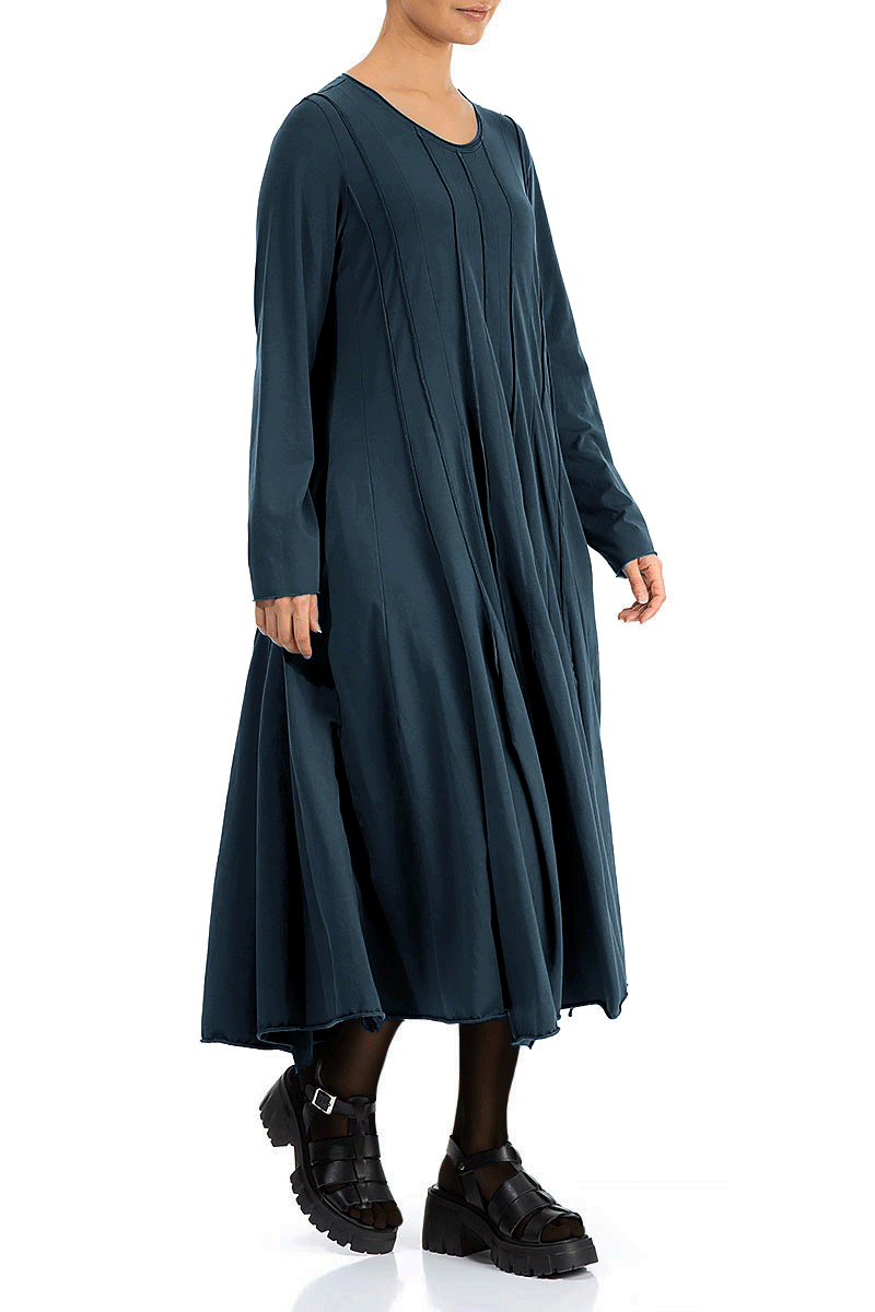 Pleated Flared Maxi Midnight Blue Cotton Dress