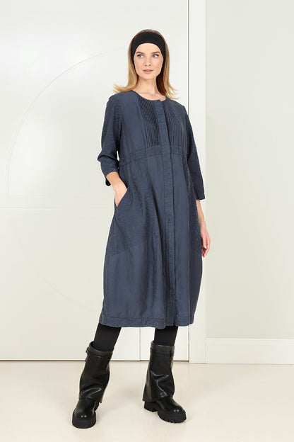 Pleated Front Slate Blue Silk Cotton Dress 6