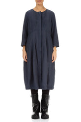 Pleated Front Slate Blue Silk Cotton Dress 1