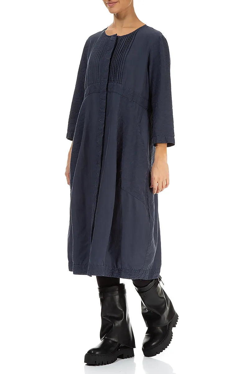 Pleated Front Slate Blue Silk Cotton Dress 3
