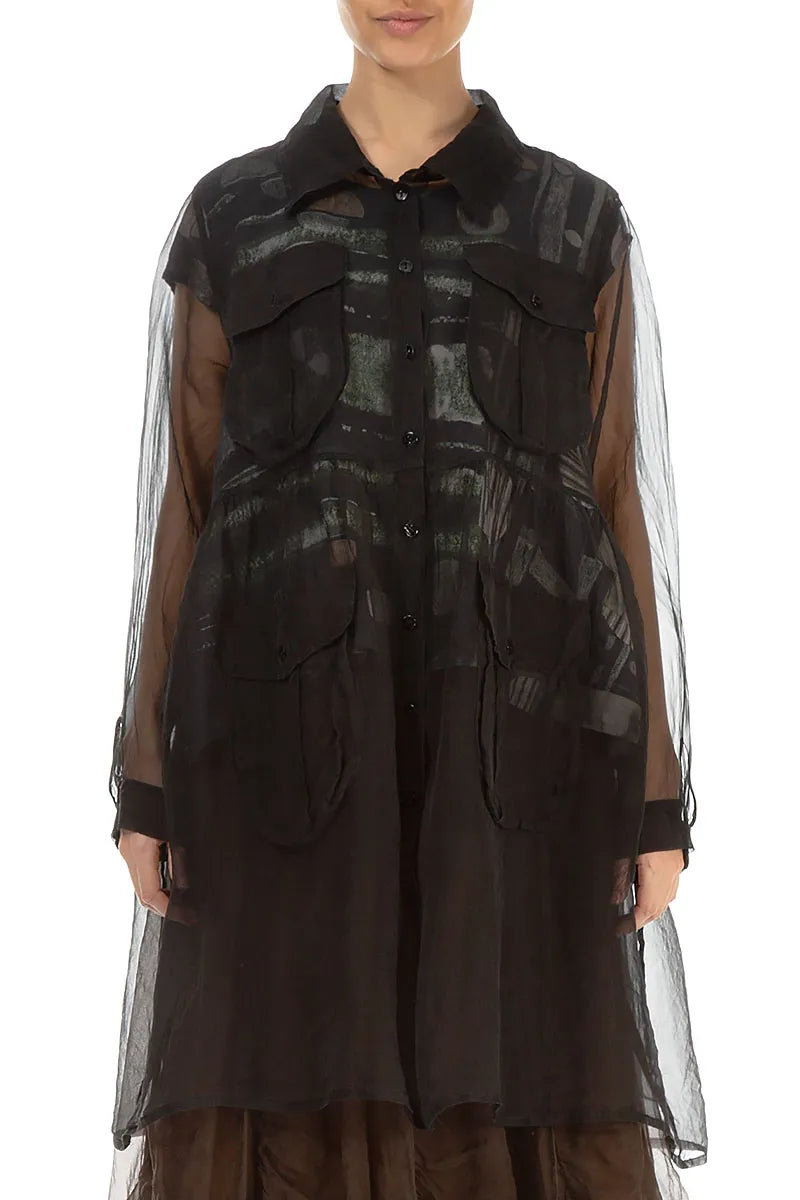 Pockets Black Silk Chiffon Jacket 2