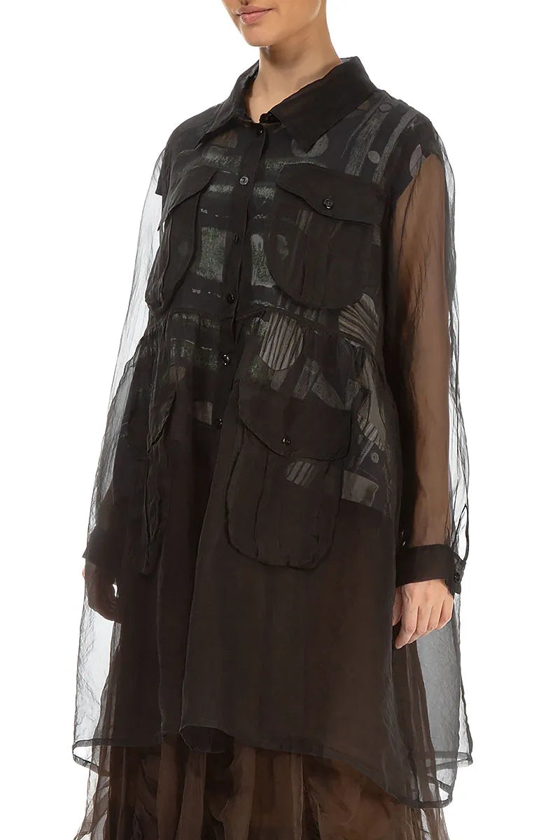 Pockets Black Silk Chiffon Jacket 4