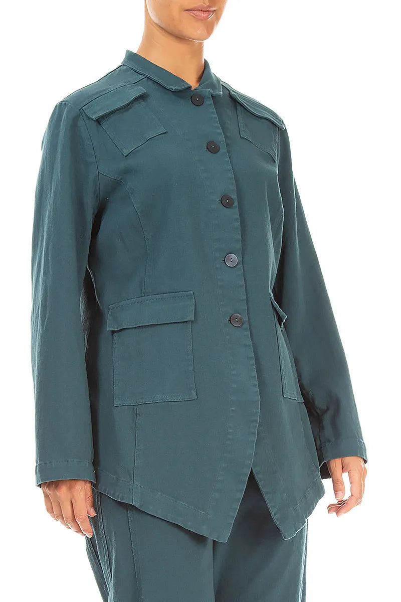 Jeans-Baumwolljacke in Dunkeltürkis mit spitz zulaufendem Saum