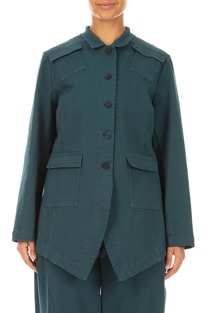 Pointed Hem Deep Turquoise Denim Cotton Jacket 1
