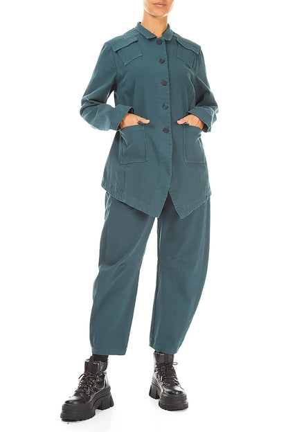 Jeans-Baumwolljacke in Dunkeltürkis mit spitz zulaufendem Saum
