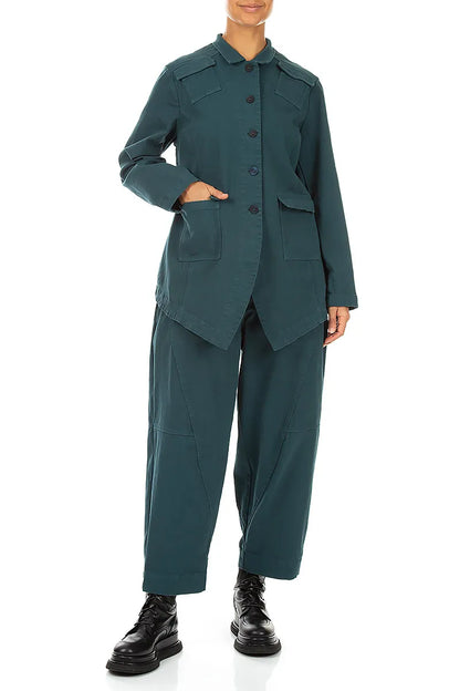 Pointed Hem Deep Turquoise Denim Cotton Jacket 4