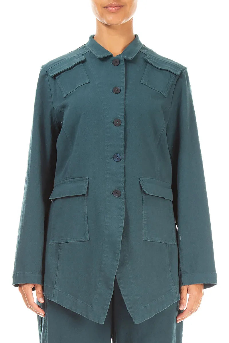 Jeans-Baumwolljacke in Dunkeltürkis mit spitz zulaufendem Saum
