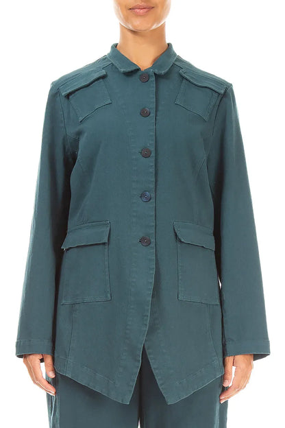 Jeans-Baumwolljacke in Dunkeltürkis mit spitz zulaufendem Saum