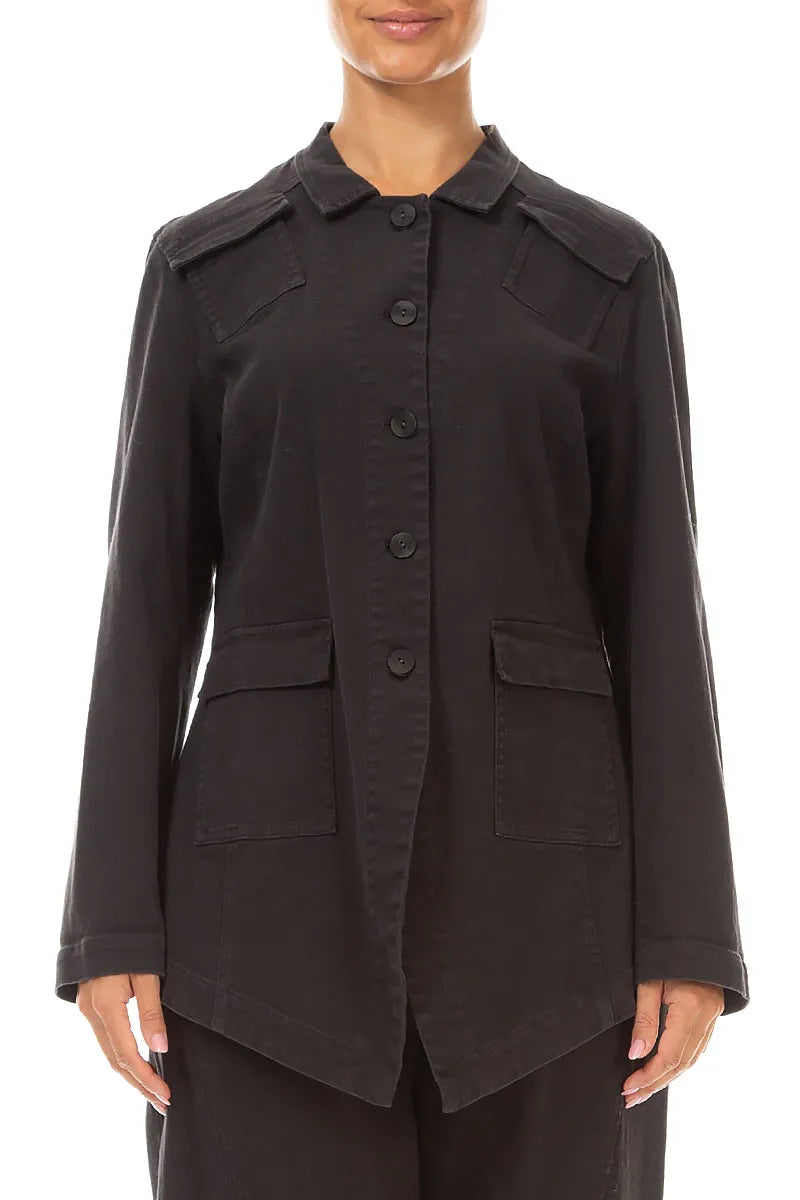 Pointed Hem Warm Charcoal Denim Cotton Jacket 1
