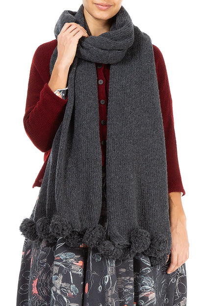 Pom-Pom Edge Dark Grey Wool Scarf