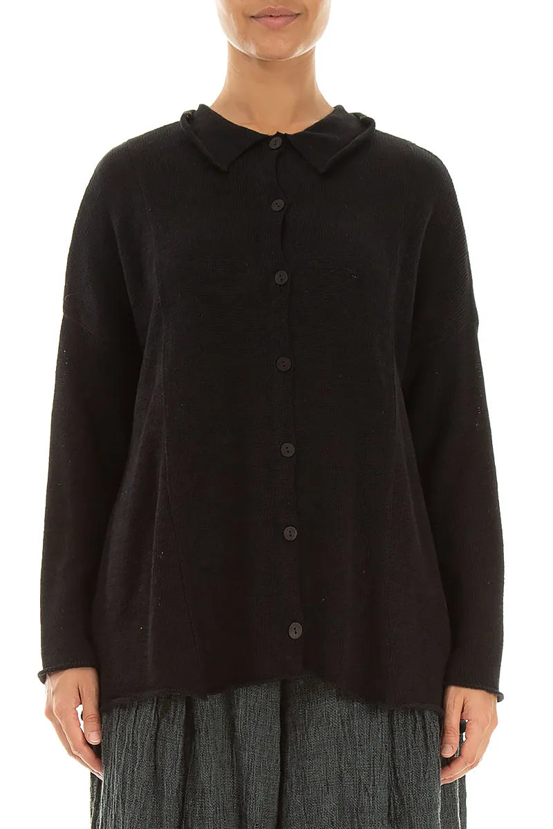 Raw Collar Black Linen Cardigan 1